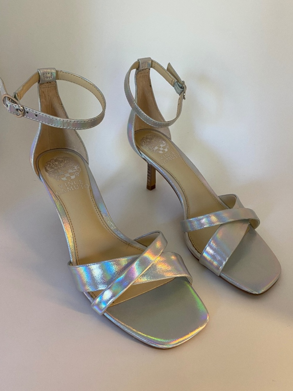 Vince Camuto Sarriss Ice Iridescent Leather Ankle Strap Heels (NWT)